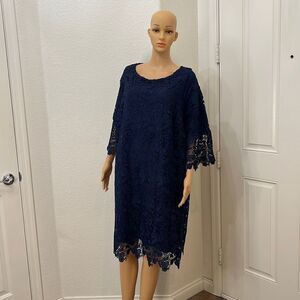 Ellos  Size 28 Navy Dress Lace Scoop Neck 3/4 Sleeve Lined Midi Side Zipper Poly